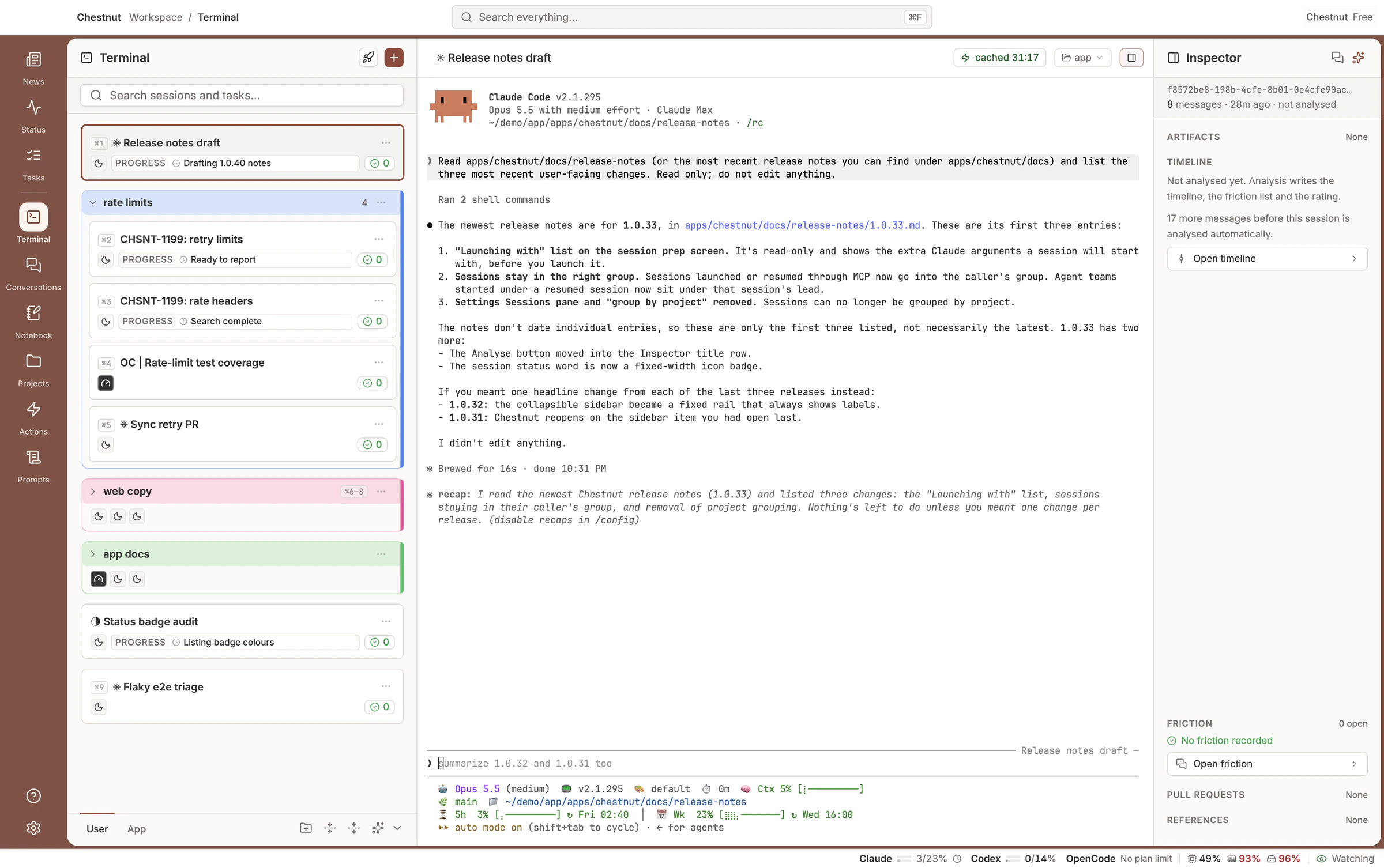 Chestnut's window: grouped agent sessions with their progress, one session's terminal, and the Inspector beside it
